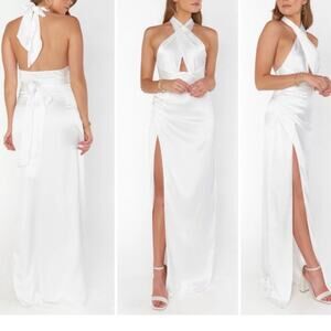 show me your mumu adele halter maxi dress white ivory luxe satin women medium